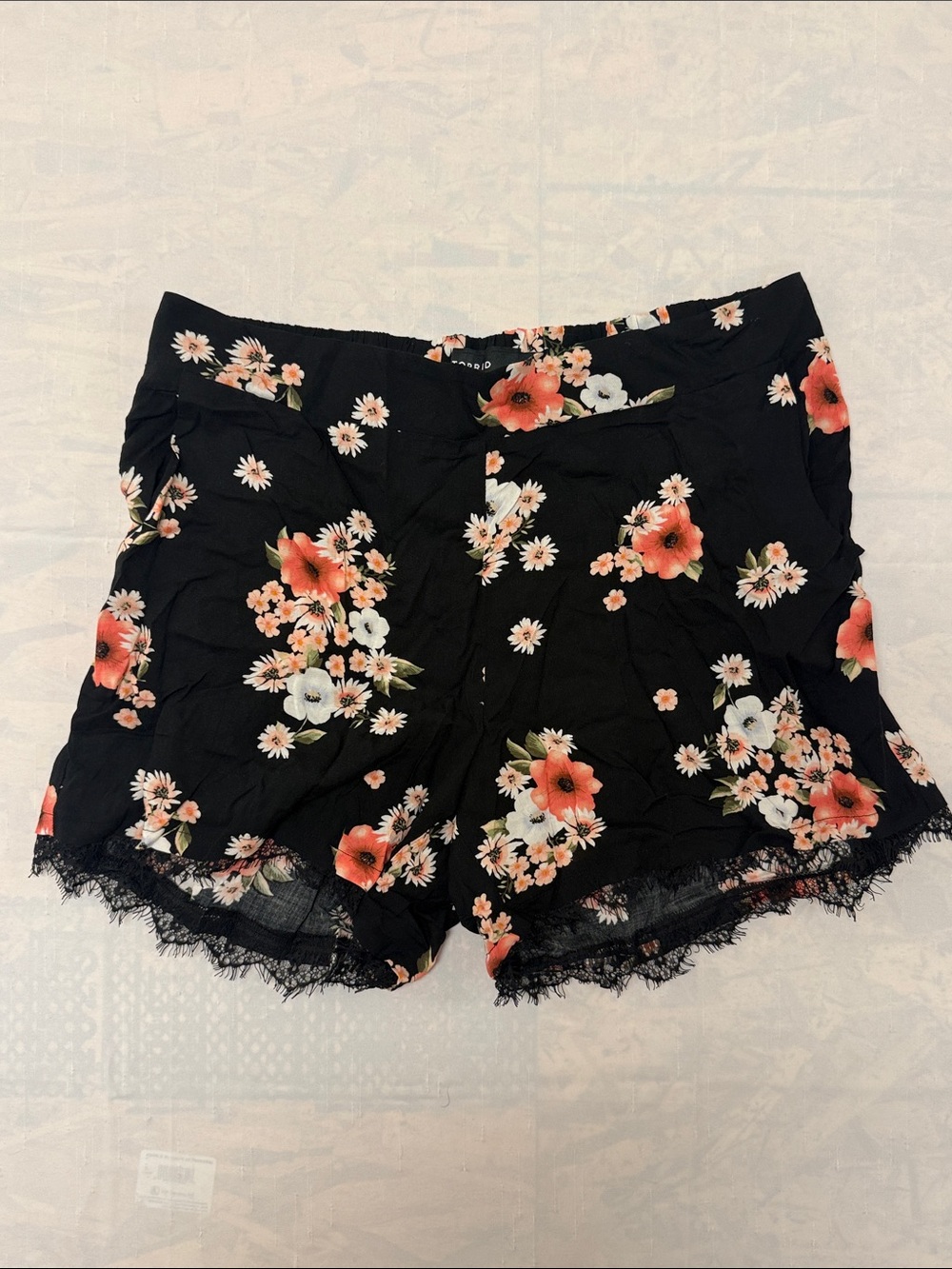 torrid Black Floral Printer Challis High-Waist Lace-Hem Shorts